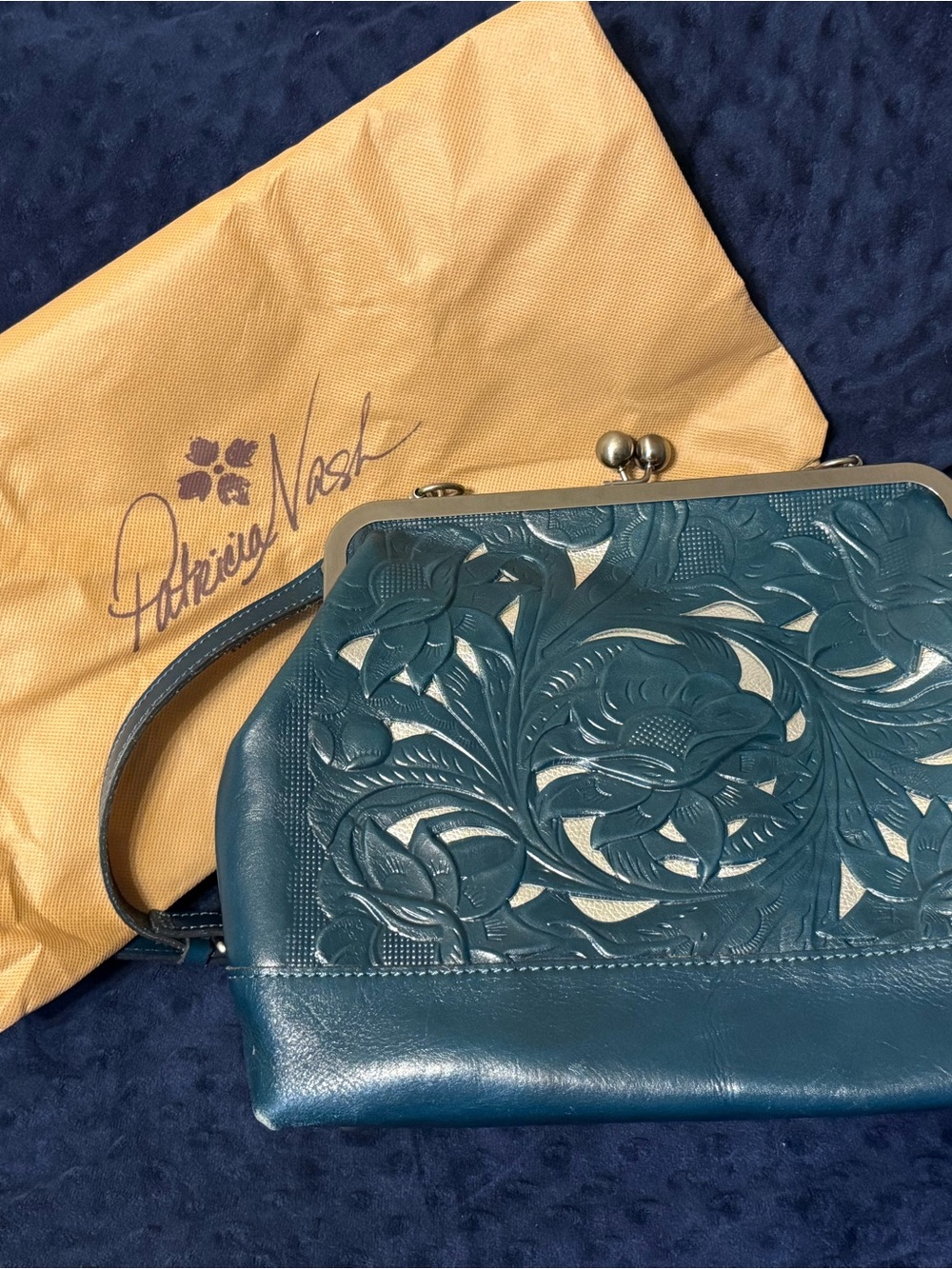 Patricia Nash Teal Floral Tooled Leather Frame Clutch